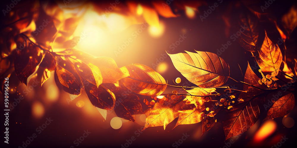 Poster fall background with autumn leaves and sunlight generative ai