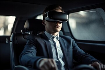 A man sits in a sports car and drives a car with the help of VR glasses, generative AI.