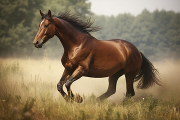 Obraz na płótnie Canvas Brown horse galloping in the field. Illustration AI Generative.