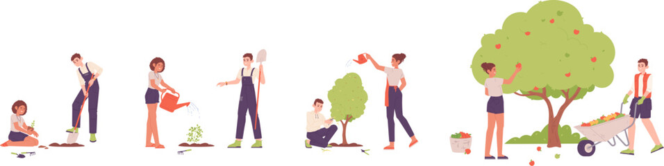 Planting collaboration. Couple plants seed in ground for growth tree, reforest process csr volunteer team restoration forest care preserve nature environmental vector illustration