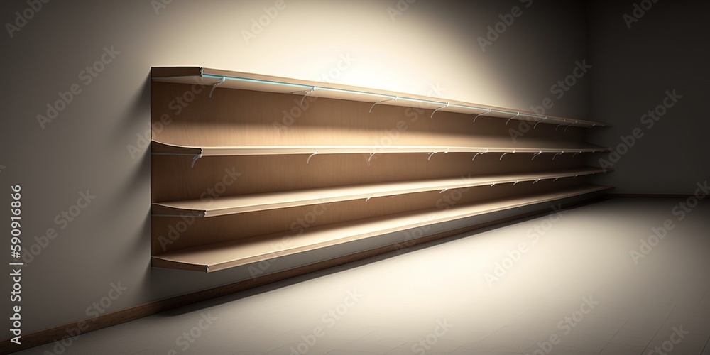 Poster there is a long row of empty shelves. generative ai