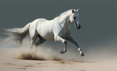 Plakat White horse galloping in the desert. Illustration AI Generative.
