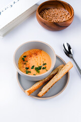 Fresh creamy lentil soup with cheese grissini, spices and microgreens.