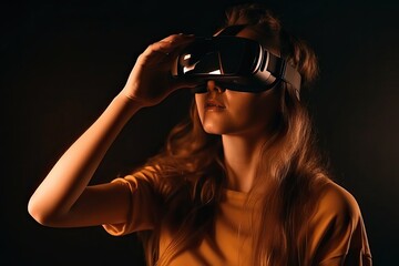 Girl with light blond hair in VR glasses, Concept of augmented reality, science, future technologies, robots and people, generative ai.
