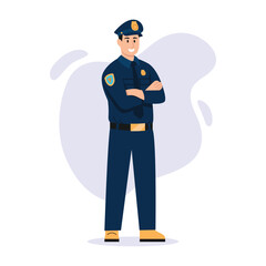 Vector illustration of a handsome policeman. Cartoon scene with smiling police officer wearing uniform standing with folded arms isolated on white background. Traffic policeman.