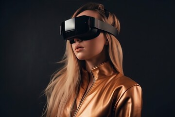 A young girl put on VR glasses, virtual reality and a device that reproduces her, generative AI.