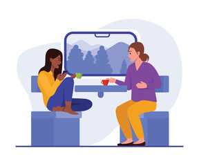 Vector illustration with girls traveling on a train. Cartoon scenes with smiling girls talking, drinking tea, coffee and riding a train isolated on white background.