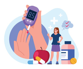 Vector illustration of a glucometer. A cartoon scene with a girl, a diabetes test, an apple and medicine isolated on a white background. Checking glucose with a glucometer, determining hypoglycemia.