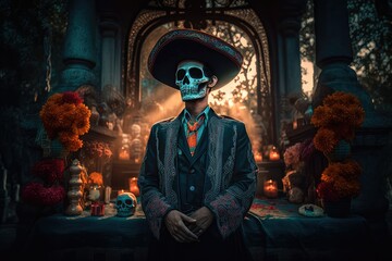 A man dressed up in a costume made in the traditional Mexican style for the celebration of the Mexican Day of the Dead. Generative AI