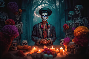 Fototapeta premium A man dressed up in a costume made in the traditional Mexican style for the celebration of the Mexican Day of the Dead. Generative AI