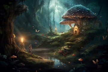 Fototapeta na wymiar illustration, a fantastic forest scene with a beautiful fairy, ai generative