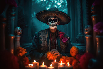 Naklejka premium A man dressed up in a costume made in the traditional Mexican style for the celebration of the Mexican Day of the Dead. Generative AI