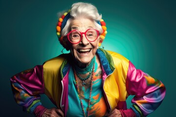 Old lady wearing colorful clothes in a studio environment. Generative AI