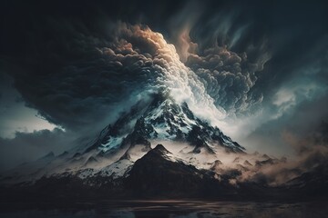 Fototapeta na wymiar Large mountain with a dense white cloud cover. Generative AI