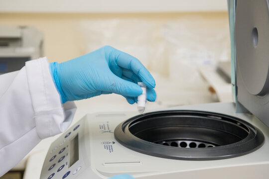 A part of an arm with labcoat and with blue nitril gloves putting a small plastic test tube in a micro centrifuge.