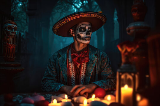 A man dressed up in a costume made in the traditional Mexican style for the celebration of the Mexican Day of the Dead. Generative AI