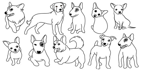 Doodle Cartoon dog illustration set in different poses. Cute sitting, running and lying vector dog isolated on white background