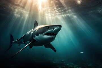 Fototapeta premium shark hunts underwater 
