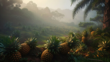 Pineapple plantation in a hilly area, dawn at a plantation of exotic fruits in the fog. Created with AI.
