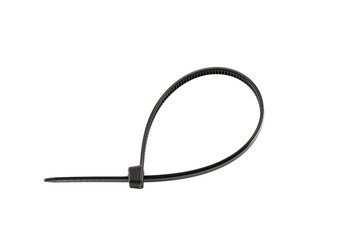 Black plastic cable ties isolated on white background. plastic wire ties closeup.