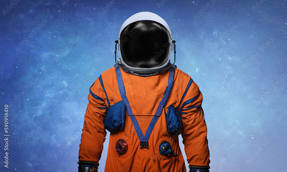 Poster astronaut in deep bright space. future artemis mission from earth planet on moon satellite. spaceman