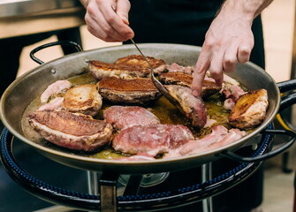 raw meat pork pan frying cooking kitchen