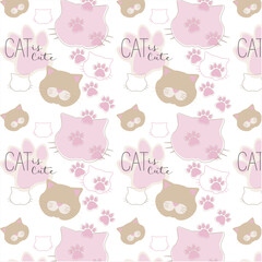 Seamless Pattern with 
footprints and Cartoon Cat Design for kid on White Background