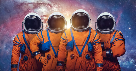 Astronauts in space. Bright galaxy and stars. Future Artemis mission from Earth planet on Moon satellite. Spaceman. Elements of this image furnished by NASA 