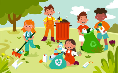 Kids cleaning garden flat illustrations set.