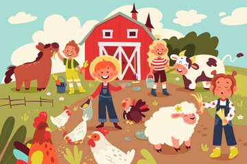 Kids feeding animals flat illustrations set. Cute children feeding chicken, turkey, sheep, horse, rooster and cow