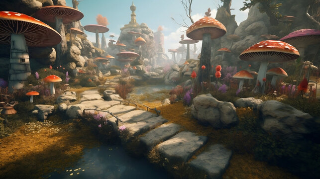 AI Generate art of magic mushrooms forest landscapes