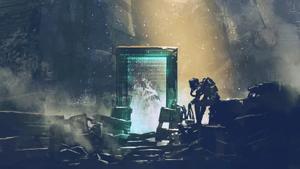 Fototapeten futuristic man sitting guarding the dimensional gate in an abandoned place, digital art style, illustration painting © grandfailure