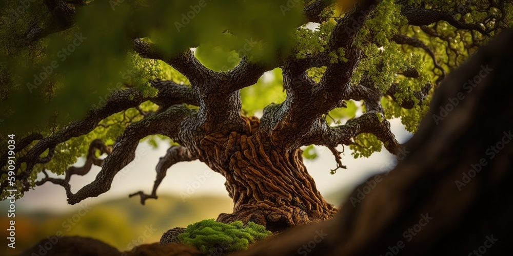 Poster zooming in on an oak tree's crown from the mountainside below generative ai