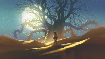 Rolgordijnen  man in the desert looking at a giant thorn tree during a full moon, digital art style, illustration painting © grandfailure