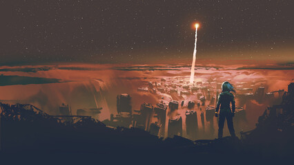 woman standing on top of a hill looking at the red flare in the city below, digital art style, illustration painting