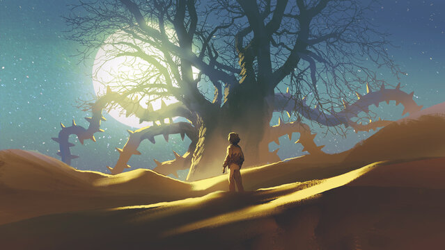 Fototapeta  man in the desert looking at a giant thorn tree during a full moon, digital art style, illustration painting