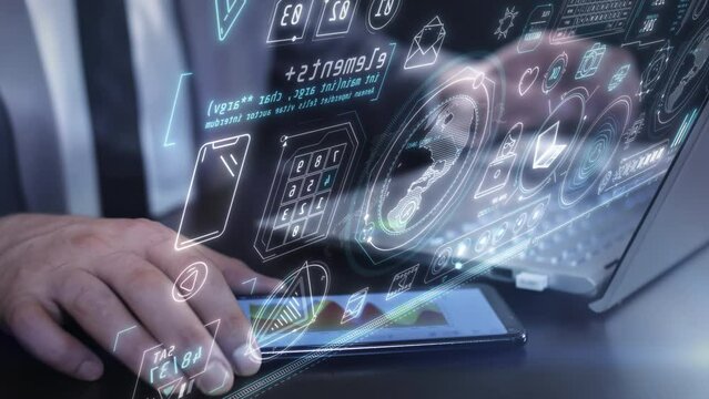 Social media monitoring with infographics on a virtual screen.