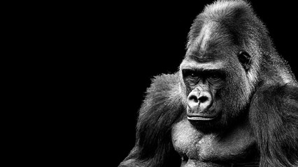 Dramatic black and white portrait of a adult gorilla isolated on a black background with room for text