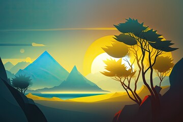 scenic sunset over a mountain landscape with lush trees. Generative AI