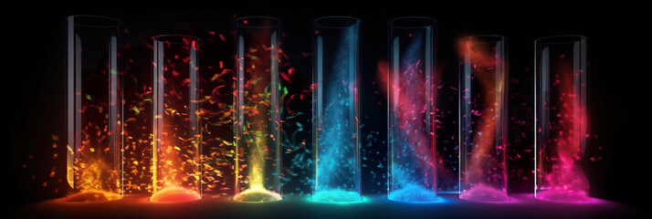 Naklejka premium Transparent glass tubes with colorful liquid flame and shiny sparkles on black background, AI generative panoramic banner
