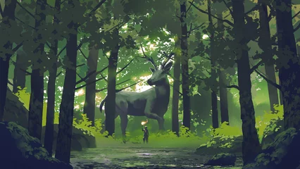 Foto op Plexiglas boy with a torch and his stag standing in the woods, digital art style, illustration painting © grandfailure