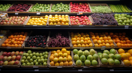 Fototapeta na wymiar Fresh fruits and vegetables on shelf in supermarket Generative AI