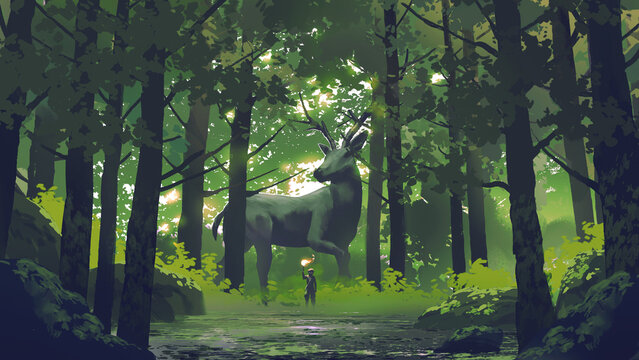 boy with a torch and his stag standing in the woods, digital art style, illustration painting