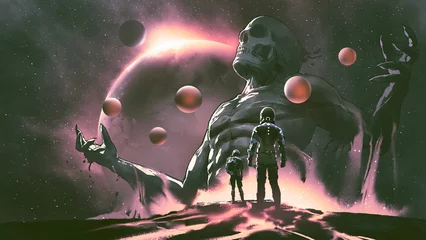 Rolgordijnen two astronauts standing on the planet looking a giant rise from the ground, digital art style, illustration painting © grandfailure