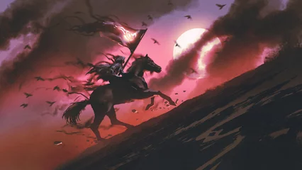  cloaked man rinding a black horse waving a flag with some kind of symbol, digital art style, illustration painting © grandfailure