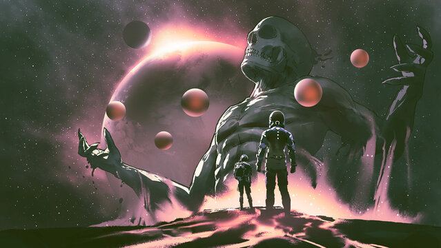 two astronauts standing on the planet looking a giant rise from the ground, digital art style, illustration painting