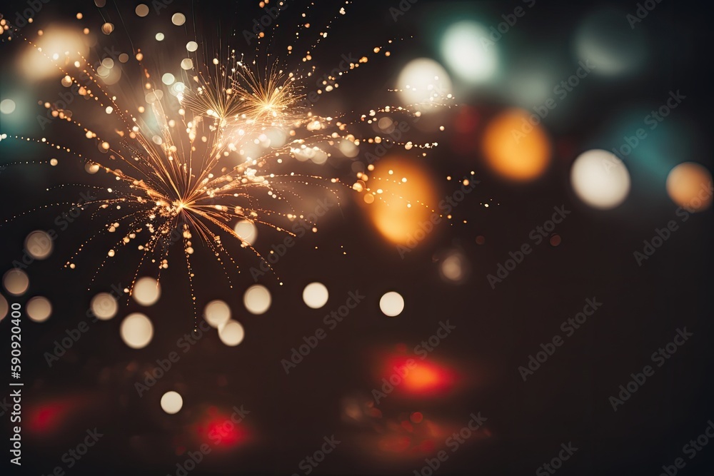 Poster close-up of a colorful firework burst with blurry lights in the background. generative ai