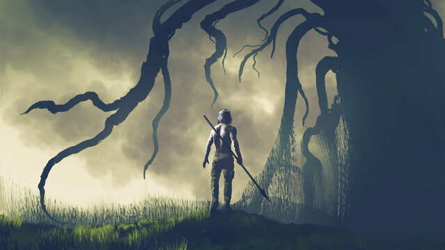 A hunter holding a spear in the meadow looking ahead, digital art style, illustration painting
