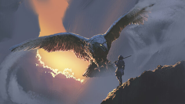 giant eagle flying towards the warrior woman, digital art style, illustration painting
