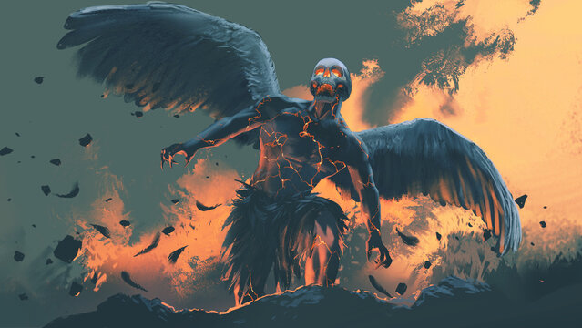 Fototapeta The skull god rises from the fire pit, digital art style, illustration painting 